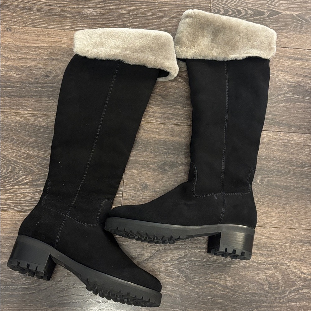 Black Knee-High Boots with Fur Trim